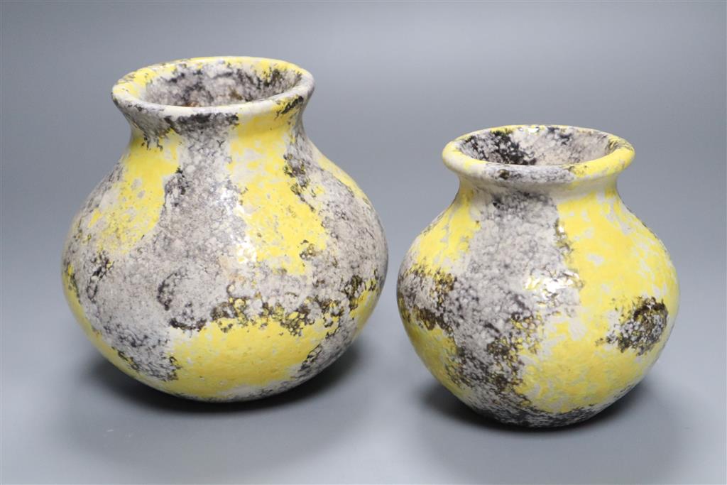 Jerome Massier, Vallauris, a mottled yellow and grey ground pottery vase, signed to base and a similar smaller vase, H 11cm & 13cm